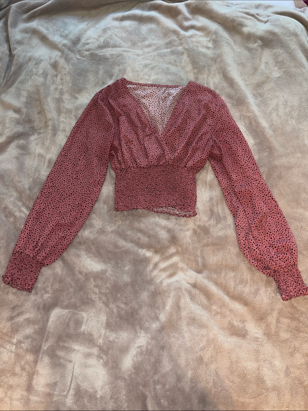 Smocked Waist Pink Long-Sleeve V-Neck Crop Top